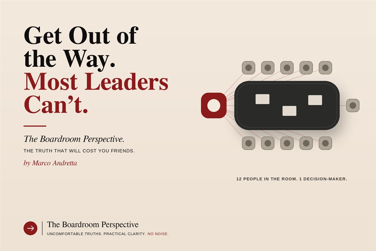 Cover: twelve seats around a table, one red decision-maker. 12 people in the room, 1 decision-maker.